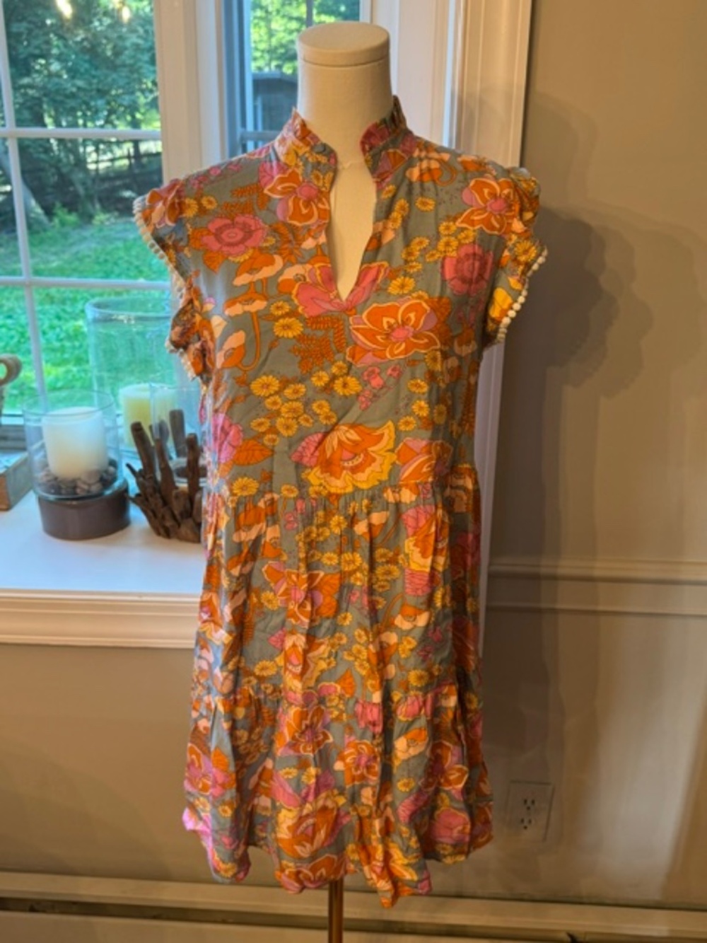 THML Floral Boho Tunic Dress Small Pink Orange Blue Embroidered Mini Dress